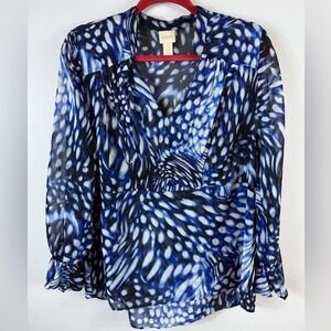 Chicos Sheer Blouse Blue White Size 1 US 8 Smocked Ruffle Sleeve V-Neck